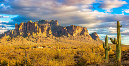 Superstition Mountain with Goldfield Ghost Town in foreground